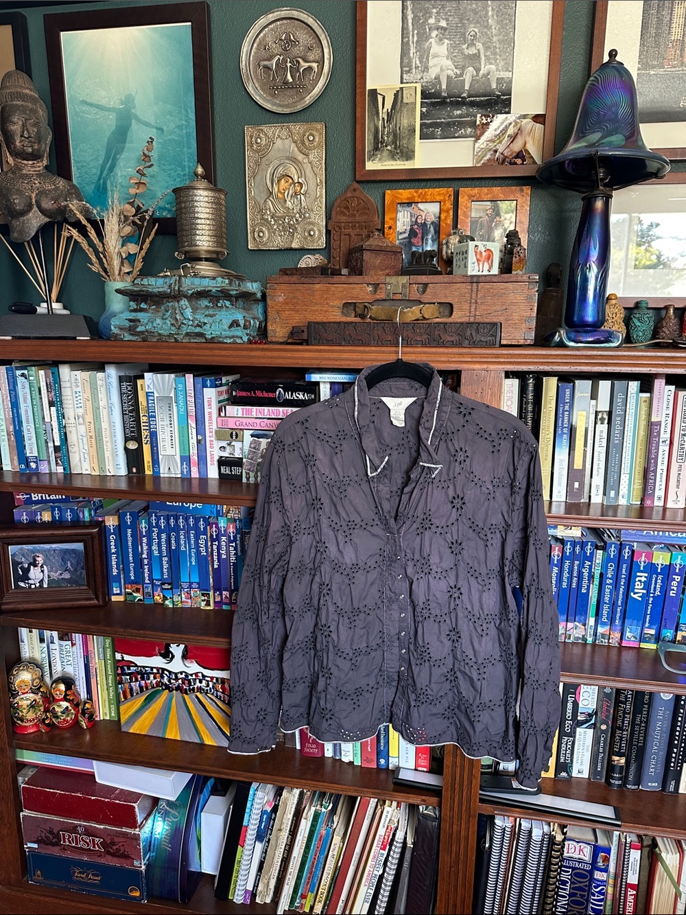 J.Jill snap up eyelet long sleeved collared blouse. Dark plum grey color.